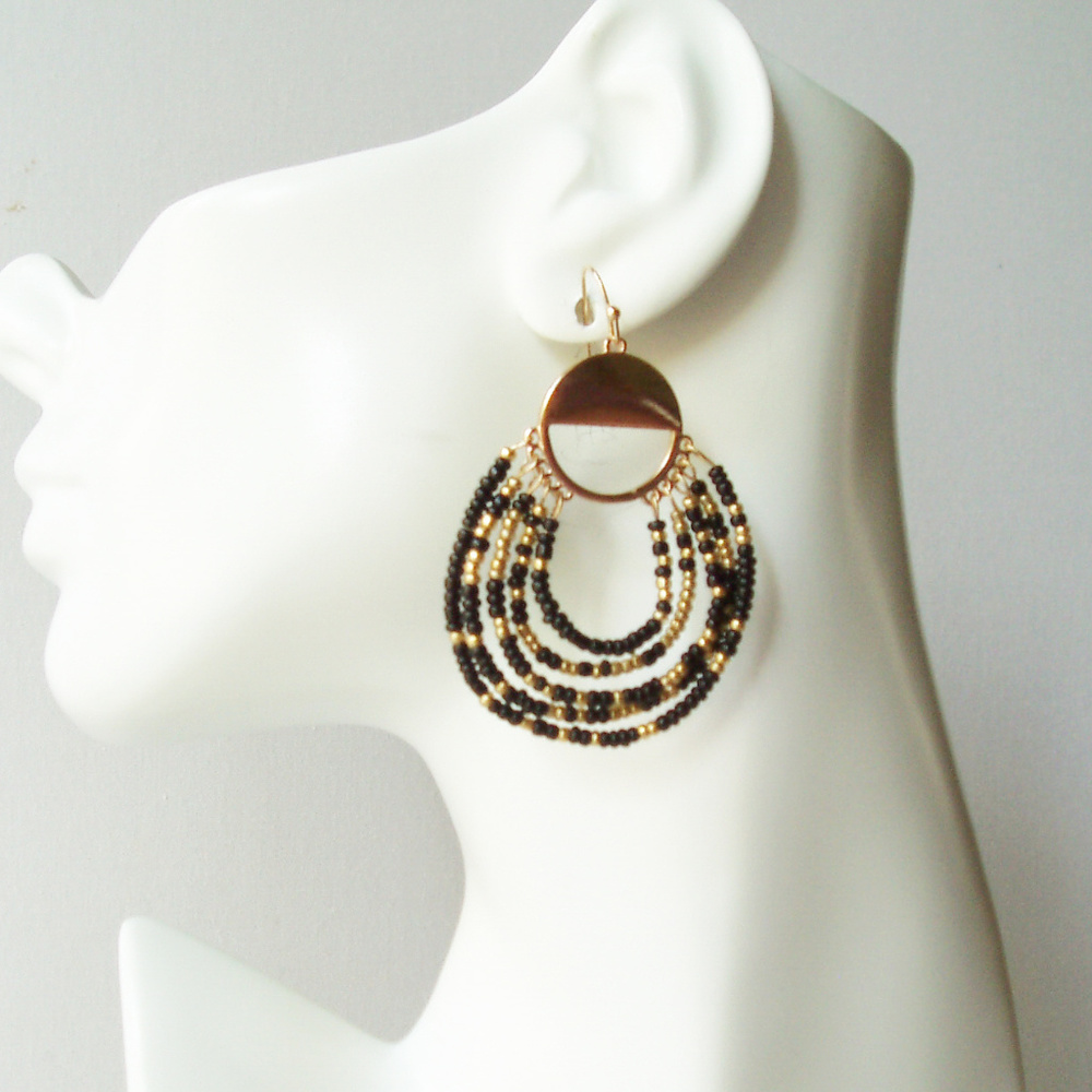 Black & Gold Hand Beaded Earrings